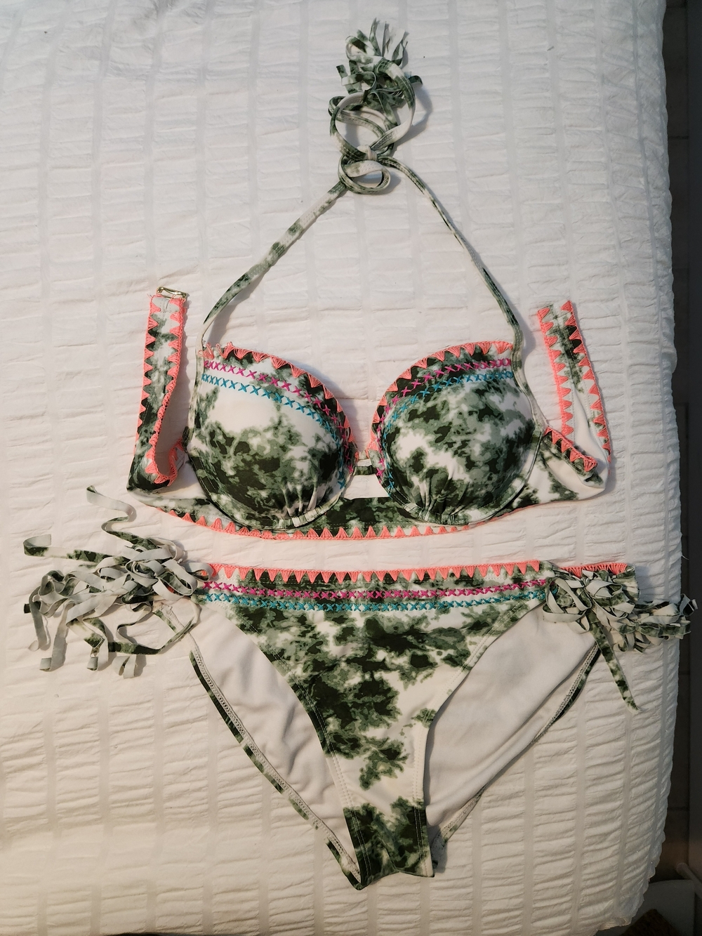 Time and Tru Green and White Bikini Top with Coral Trim
